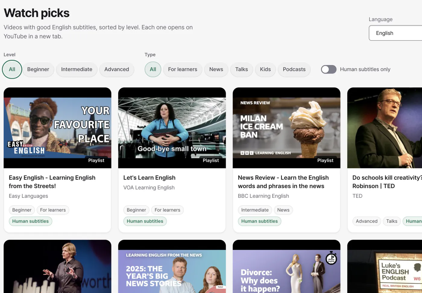 Watch picks: filters for language, level and type, and YouTube video cards labelled with their subtitle type