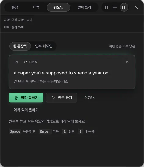 쉐도잉 탭. 따라 말한 문장을 원문과 비교해 일치도와 단어별 결과를 보여 주는 학습 패널