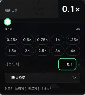 재생 속도 팝오버. 0.1배속이 선택되어 있고 0.25배부터 4배까지 단추와 정확한 속도 입력 칸이 있다